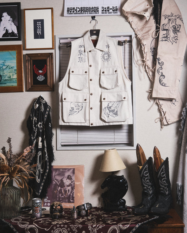 TATTOO FLASH PRINT POCKET DENIM VEST