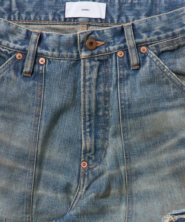 DESTRESSED MODERN DENIM DOUBLE KNEE CUT