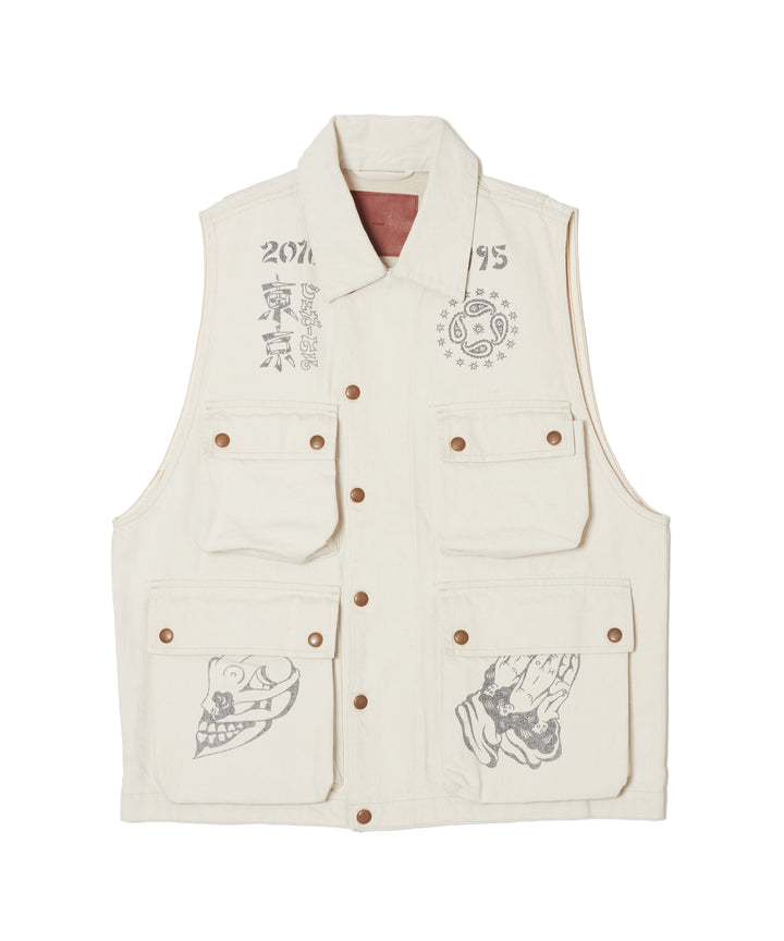 TATTOO FLASH PRINT POCKET DENIM VEST