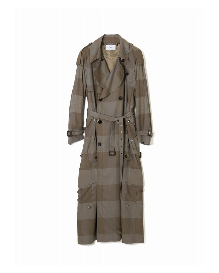 MULTI POCKET HEATHER WOOL PLAID TRENCH COAT