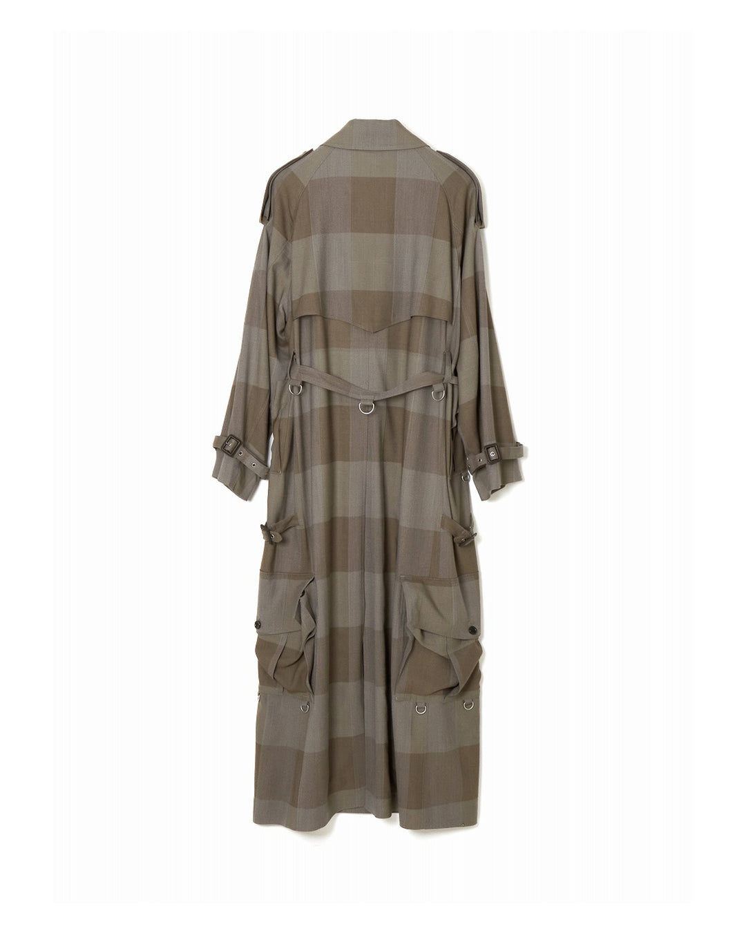 MULTI POCKET HEATHER WOOL PLAID TRENCH COAT