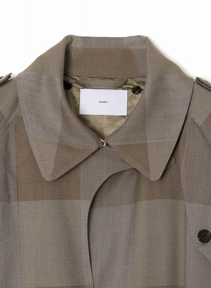 MULTI POCKET HEATHER WOOL PLAID TRENCH COAT