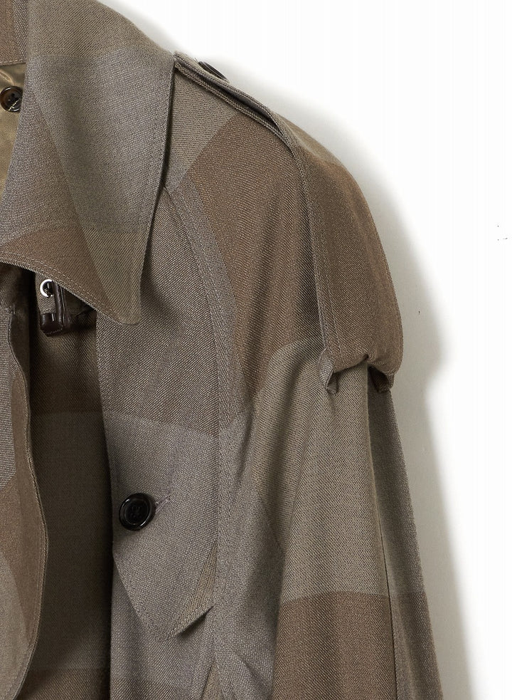 MULTI POCKET HEATHER WOOL PLAID TRENCH COAT