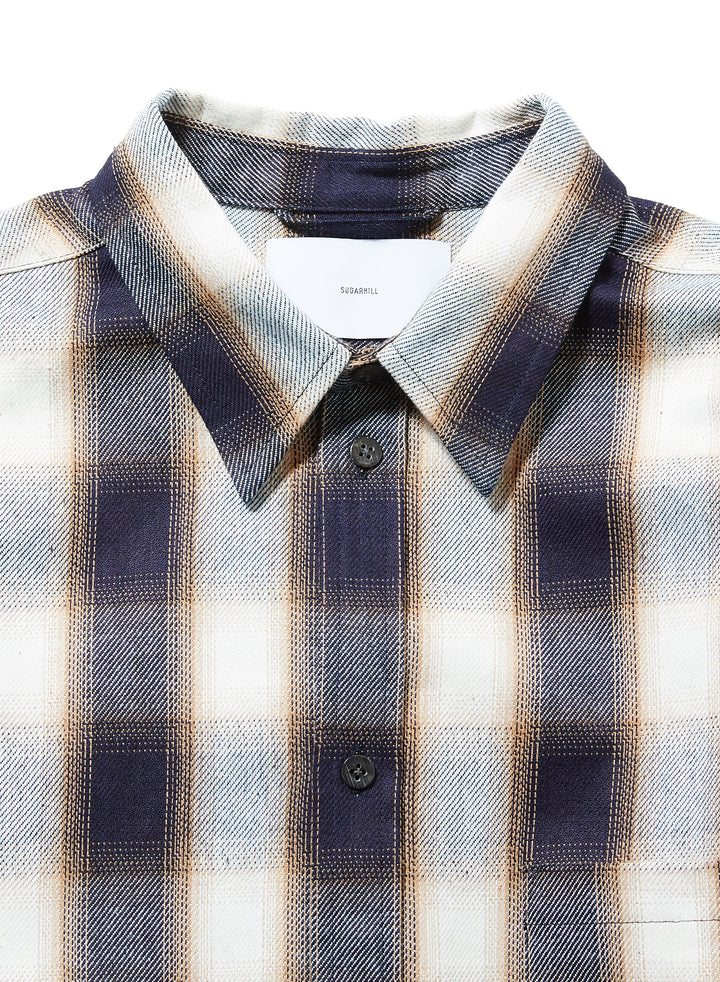 INDIGO COTTON OMBRE PLAID CLASSIC COLLAR BLOUSE