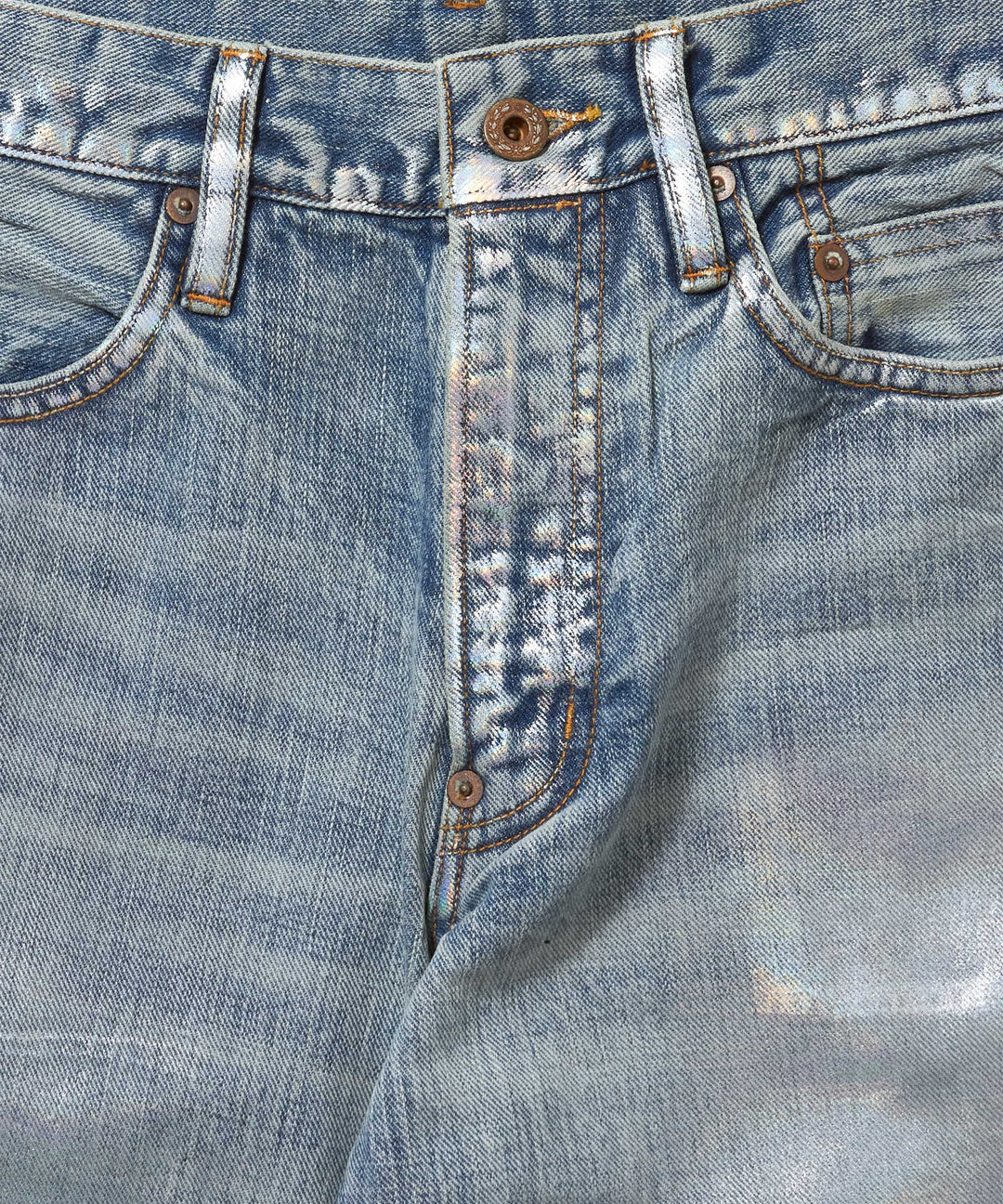 FOILED DENIM TROUSERS FLARED CUT