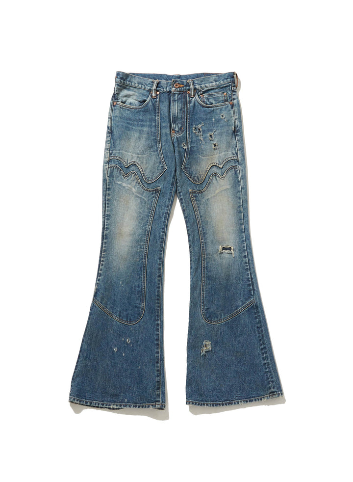 FADED MODERN WESTERN DENIM FLARED TROUSERS