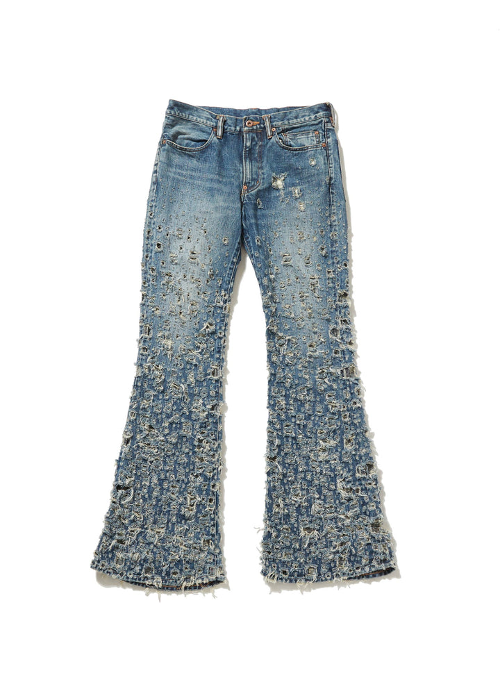 CRASHED MODERN DENIM FLARED TROUSERS