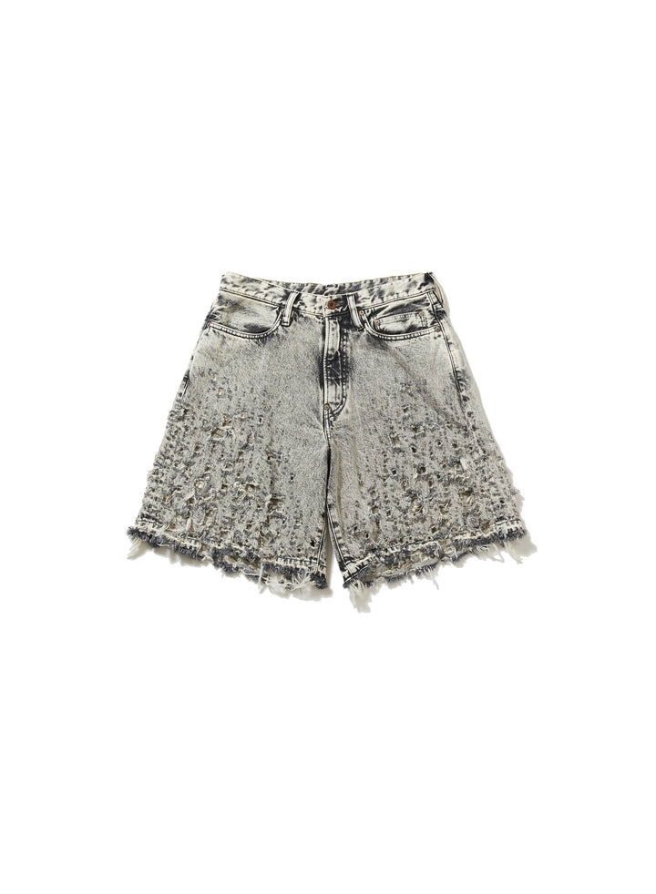 CRASHED BLACK MODERN DENIM WIDE SHORTS