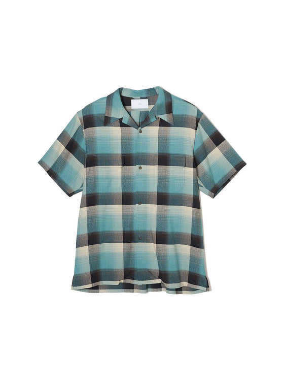 RAYON OMBRE PLAID OPEN COLLAR BLOUSE HALF SLEEVE