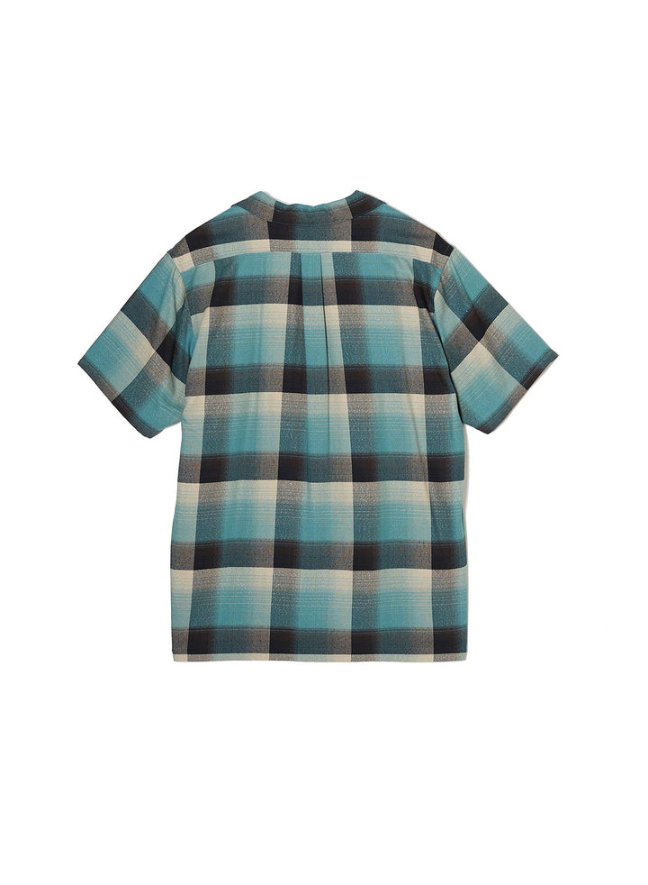 RAYON OMBRE PLAID OPEN COLLAR BLOUSE HALF SLEEVE