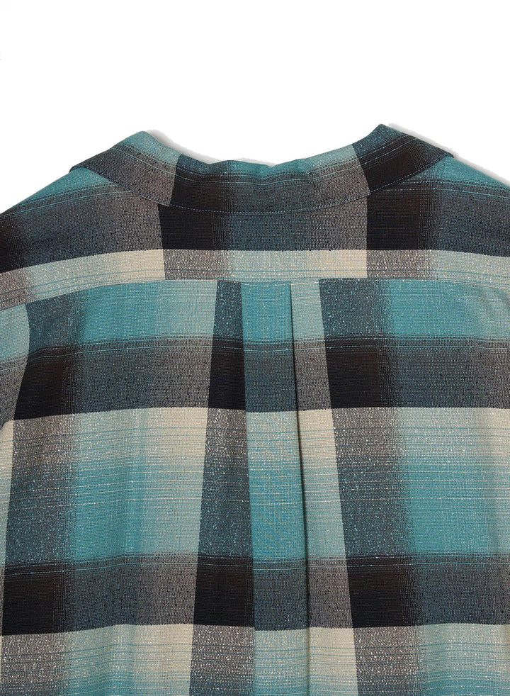 RAYON OMBRE PLAID OPEN COLLAR BLOUSE HALF SLEEVE