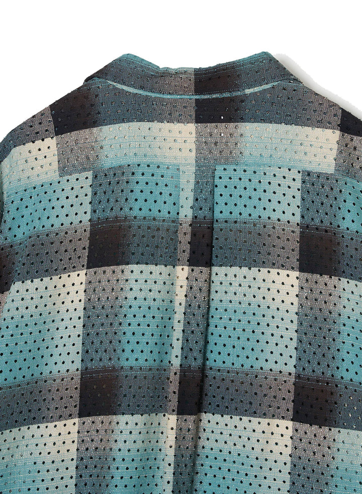 PUNCHING RAYON OMBRE PLAID OPEN COLLAR BLOUSE