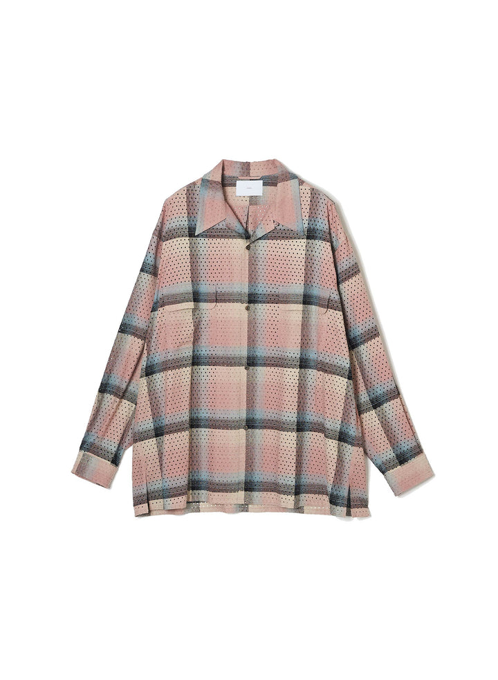 PUNCHING RAYON OMBRE PLAID OPEN COLLAR BLOUSE